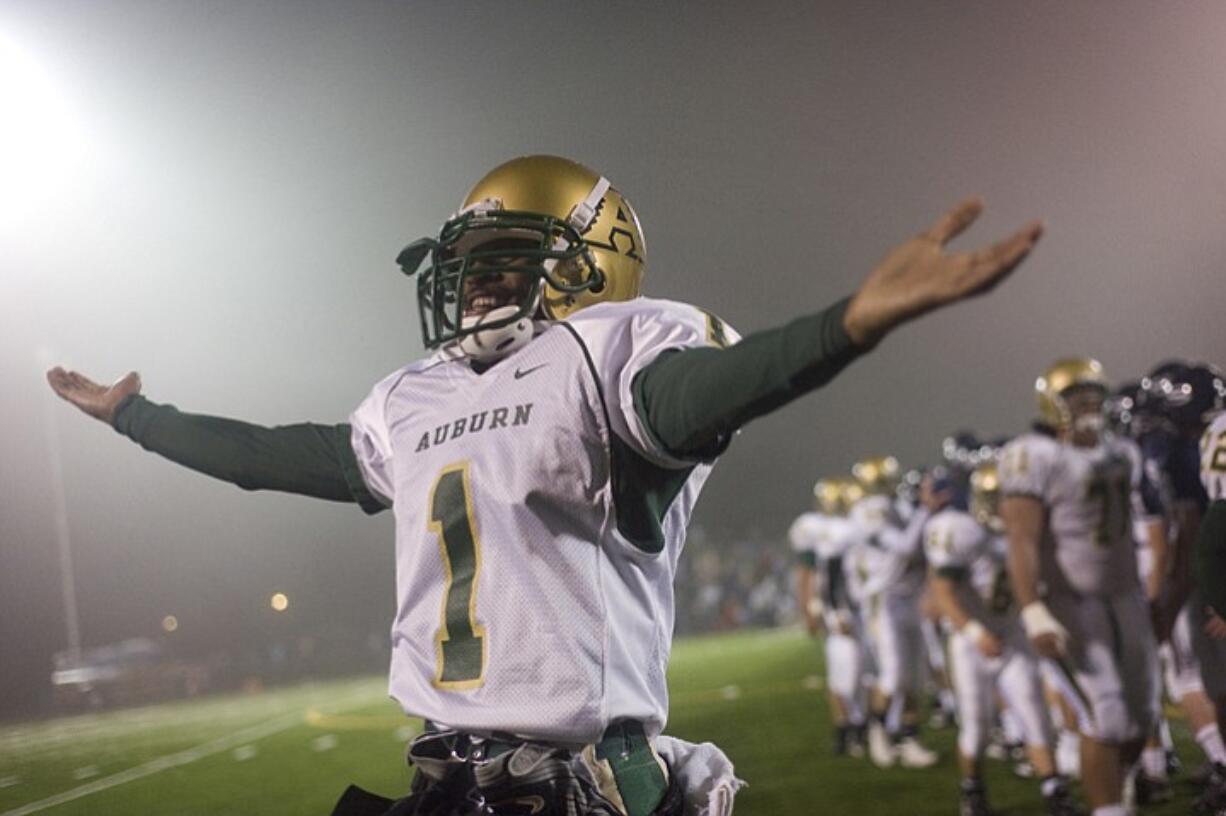 Auburn's Devonte Woods celebrates a 28-21 victory over Skyview in a first round 4A State playoff game at Kiggins Bowl on Friday November 12, 2010.