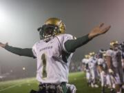 Auburn's Devonte Woods celebrates a 28-21 victory over Skyview in a first round 4A State playoff game at Kiggins Bowl on Friday November 12, 2010.