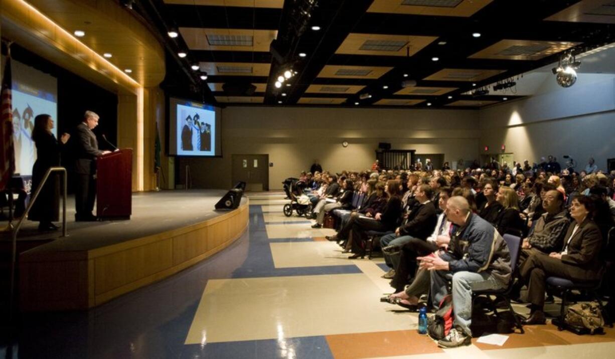 Clark College President Bob Knight gives the State of the College address to a large crowd at Gaiser Hall, Thursday, January 20, 2011.