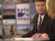 Carl Click reports the early-morning news with co-anchor Helen Raptis on first day on the job at KATU.