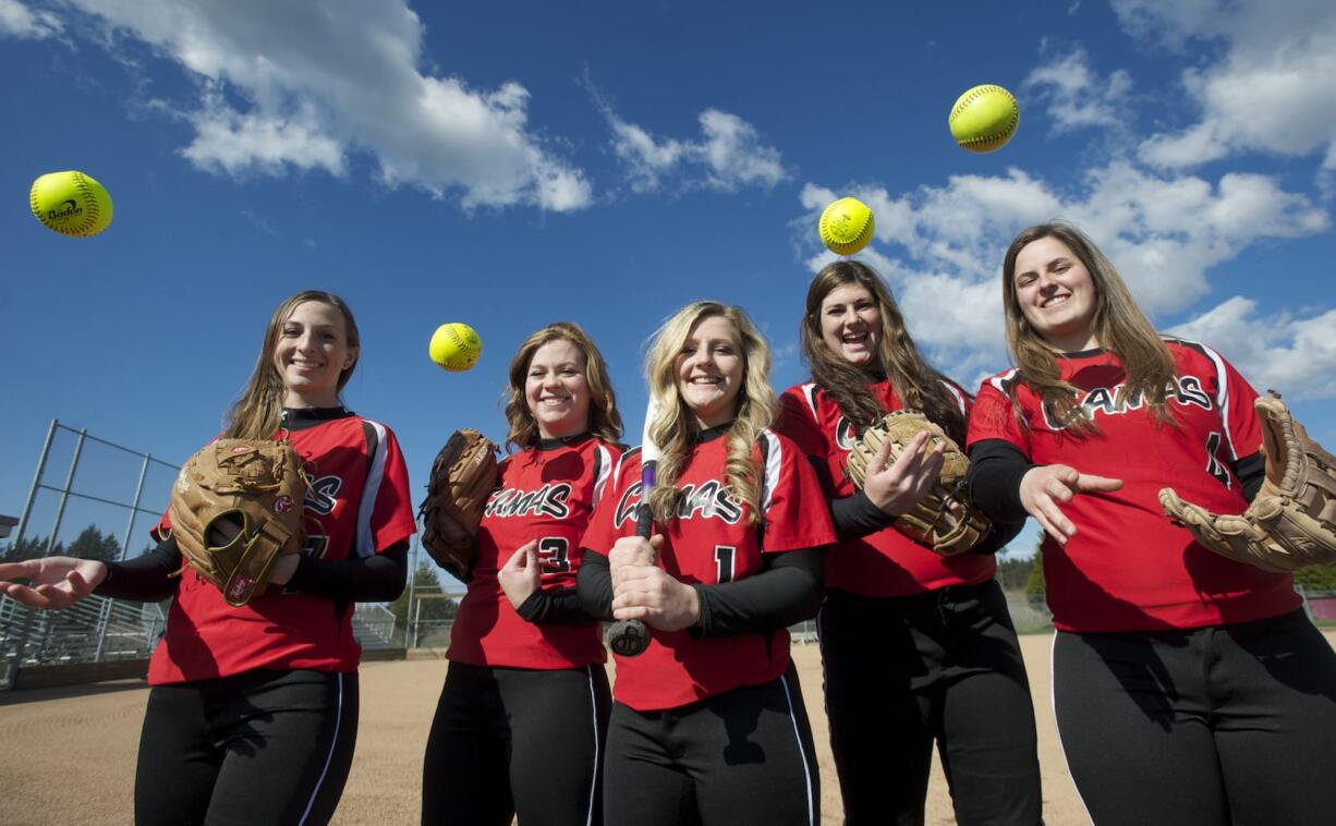 Camas softball's five returning seniors, from left: Jennifer Ross, Hannah Welborn, Lena Richards, Harli Hubbard and Cailyn Grindy.