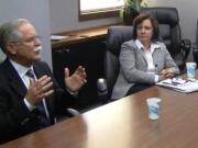 Commissioner of Public Lands Peter Goldmark and Sandra Kaiser, the director of communications for the Office of the Commissioner of Public Lands, speak Thursday with The Columbian's editorial board.