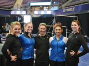 Clark County gymnasts who competed Saturday at the NCAA Seattle Regional, from left: Dallas Smith of Heisson (Sacramento State), KayCee Gassaway of Vancouver (Brigham Young), Kayla Wonderly of La Center (Sacramento State), Diana Mejia of Vancouver (Boise State) and Kalliah McCartney of Vancouver (Sacramento State).