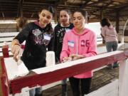 Cora DeBarber, from left, Rebecca Hembree and Eliana Farber from Vancouver School of Arts and Academics paint the walls and fences at Silver Buckle Ranch in Brush Prairie as part of the Day of Caring project.