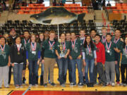 The Camas High School Science Olympiad team members celebrate after earning their fourth consecutive state title on Saturday at Eastern Washington University.