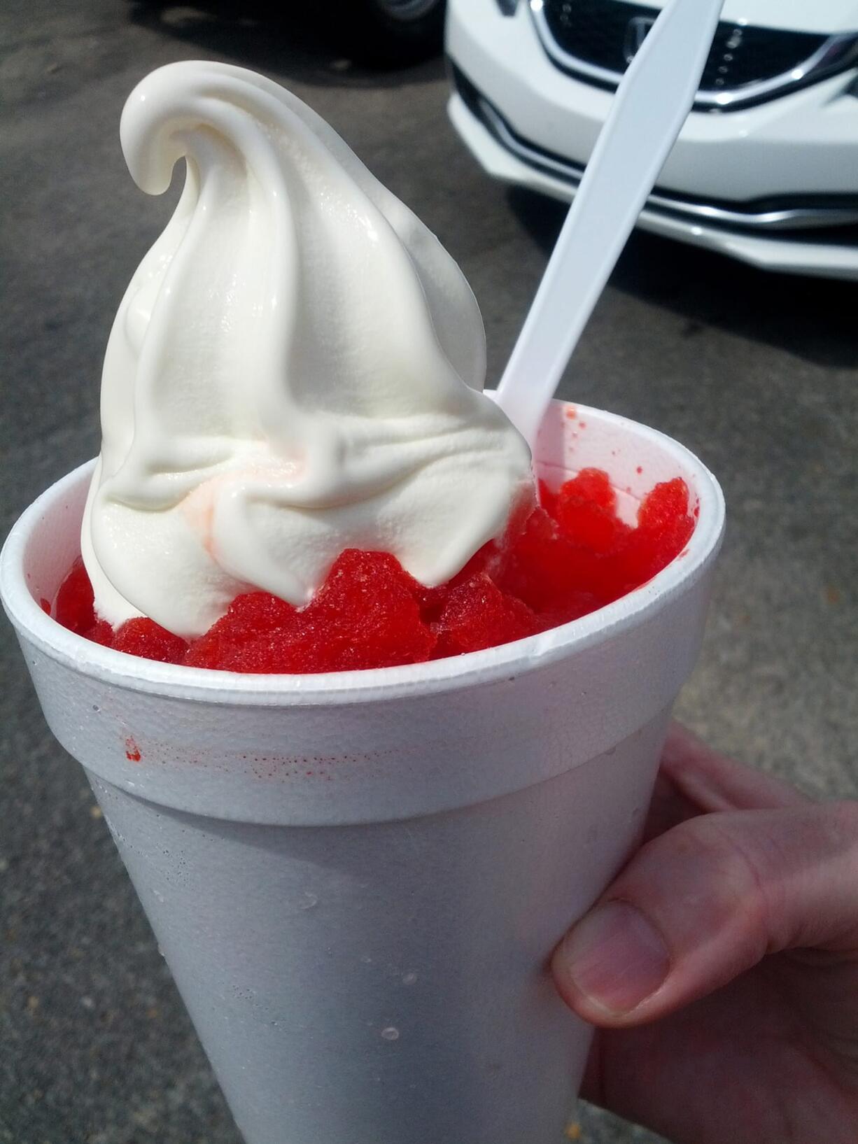 If you order a snow cone supreme at Jerry's Sno Cones in Memphis, it comes layered with soft-serve.