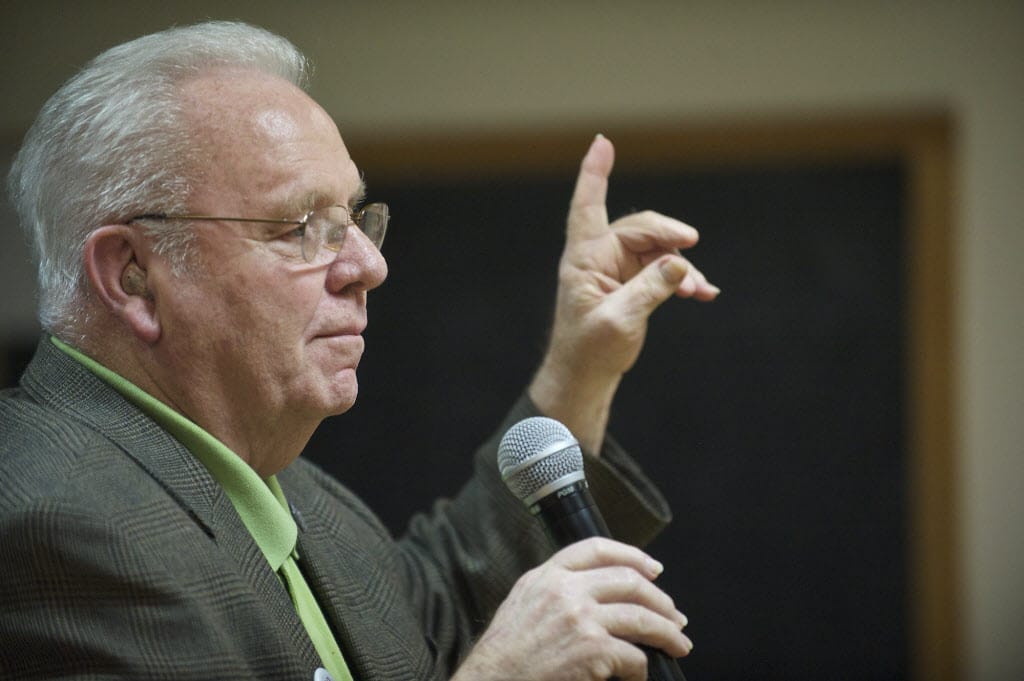 Ed Barnes addresses the Clark County Democrats on March 28 before they selected and ranked their top three candidates to fill the commissioner seat vacated by Steve Stuart.