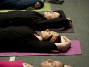 Attendees at a Holy Yoga class at Mariner's Church in Mission Viejo, Calif.