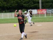 Courtney Shelley fires a pitch for the Washougal softball team during the district tournament Thursday, in Centralia.