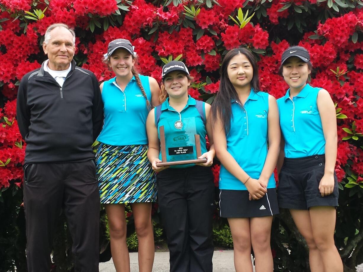 Second place Mountain View girls team of (from left) coach Tom McCausland, Abby Kadrmas, Jenna'e LeComte, Ahreum Yang and Annie Lu.