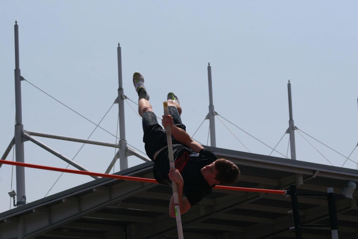 Adam Thomas launched himself 14 feet, 6 inches into the air with a pole vault Friday, to finish in third place for Washougal at the state track and field meet at Mt.