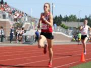 Alexa Efraimson kicks to the 800-meter state championship Saturday, at Mt. Tahoma High School in Tacoma. The CHS junior also won the 1,600 state title with a national record-breaking time of 4:33.29.