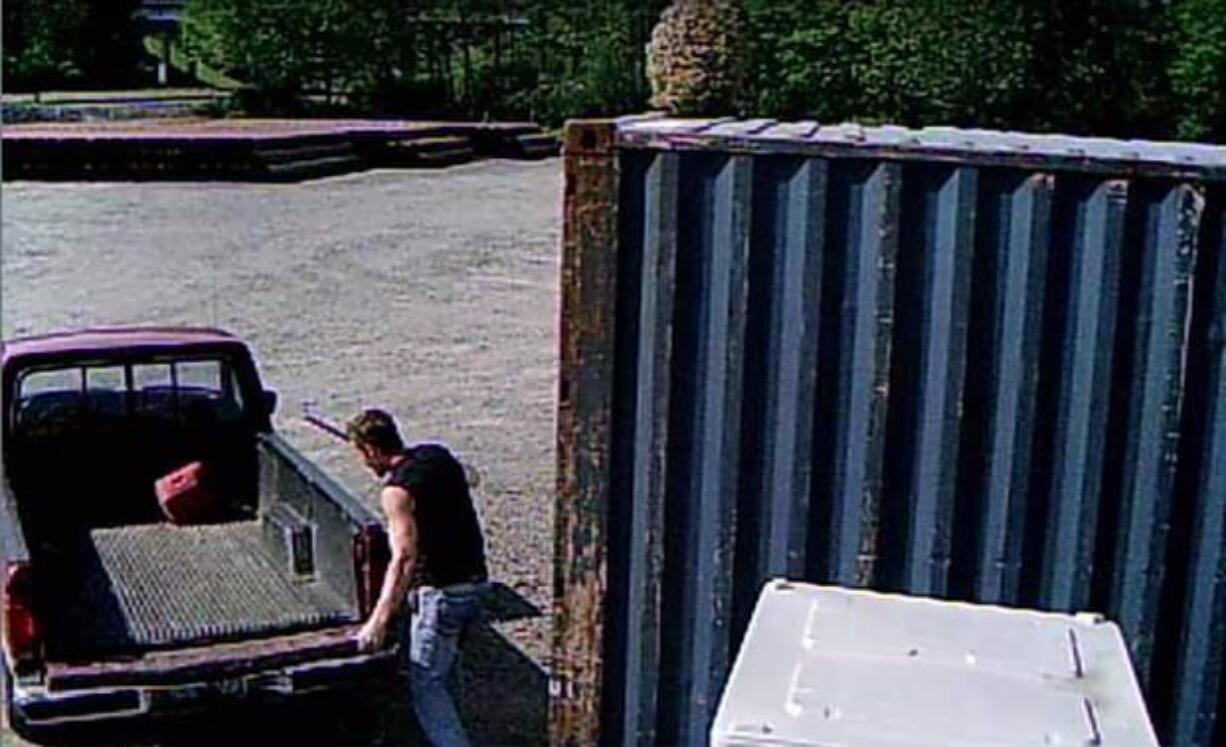 Surveillance footage captured a man taking metal bridge parts from Acrow Bridge in Camas.