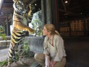 Lori Gallo, senior animal keeper at  San Diego Safari Park, interacts with a Sumatran tiger through a viewing window at the $19.5 million Tull Family Tiger Trail exhibit.