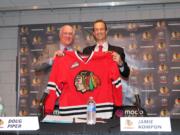 Portland Winterhawks head coach/general manager Jamie Kompon, right, with team president Doug Piper as the team introduced Kompon to his new position on Wednesday, July 9.