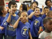 Kindergarten students recite nutrition chants at Aloha Health Medical Academy on April 4 in Lakewood, Calif.