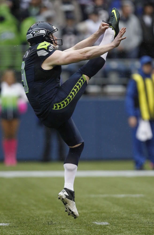 Associated Press files
Seattle punter Jon Ryan during one time in 2012 when he was needed on the field.