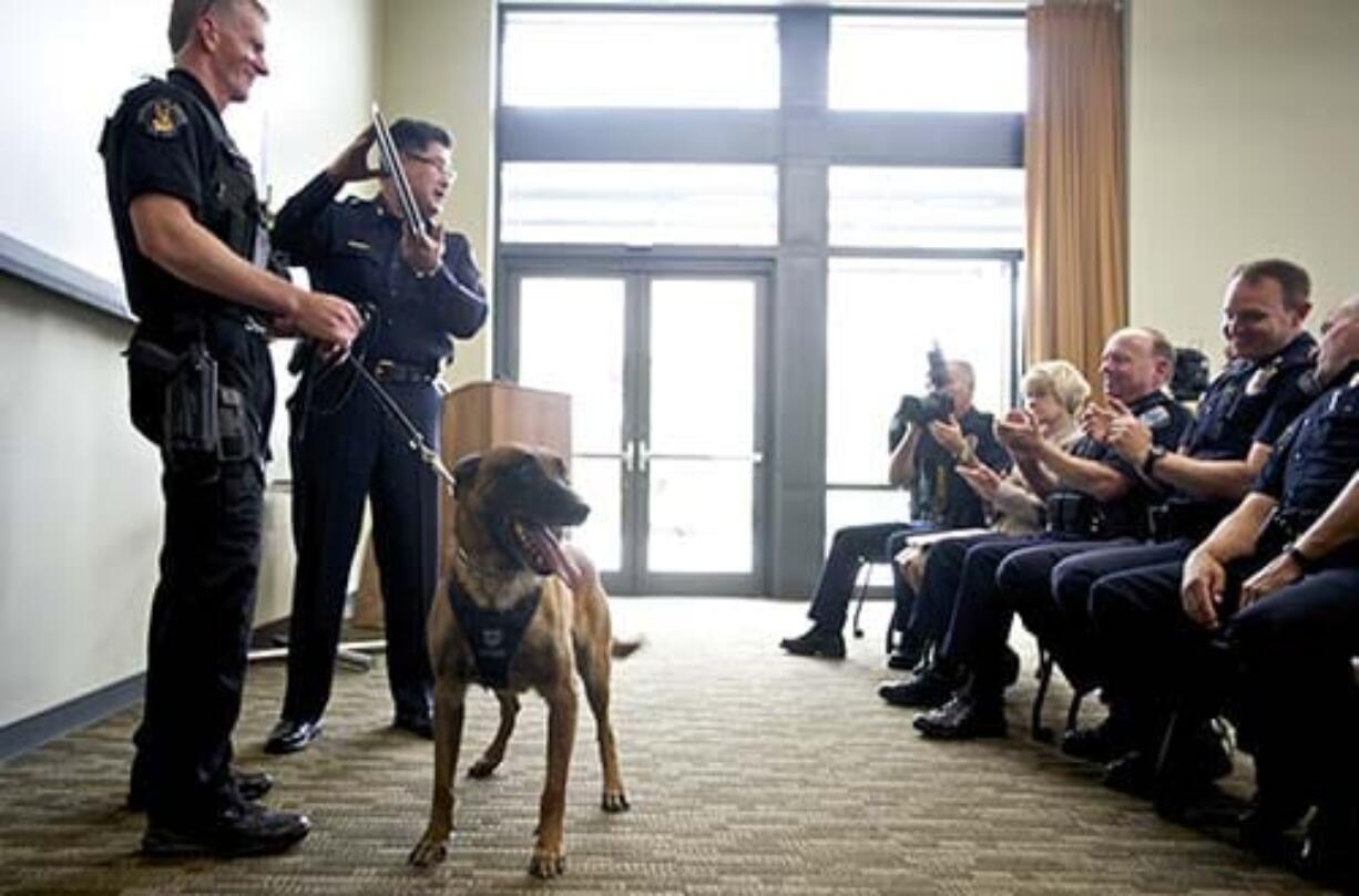 The Vancouver Police Chief Cliff Cook holds up a plaque as he recognizes officer Jack Anderson, left, and his K9 partner Ike, and Vancouver officer Ryan Starbuck and his K9 partner Ory (neither pictured), as well as Skamania Sheriff's deputy Russ Hastings and his K9 partner Arai (neither pictured)for officially completing their training during a ceremony at City Hall on Monday June 25, 2012.