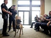 The Vancouver Police Chief Cliff Cook holds up a plaque as he recognizes officer Jack Anderson, left, and his K9 partner Ike, and Vancouver officer Ryan Starbuck and his K9 partner Ory (neither pictured), as well as Skamania Sheriff's deputy Russ Hastings and his K9 partner Arai (neither pictured)for officially completing their training during a ceremony at City Hall on Monday June 25, 2012.