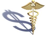 Gold caduceus casting a shadow of a dollar on a white background