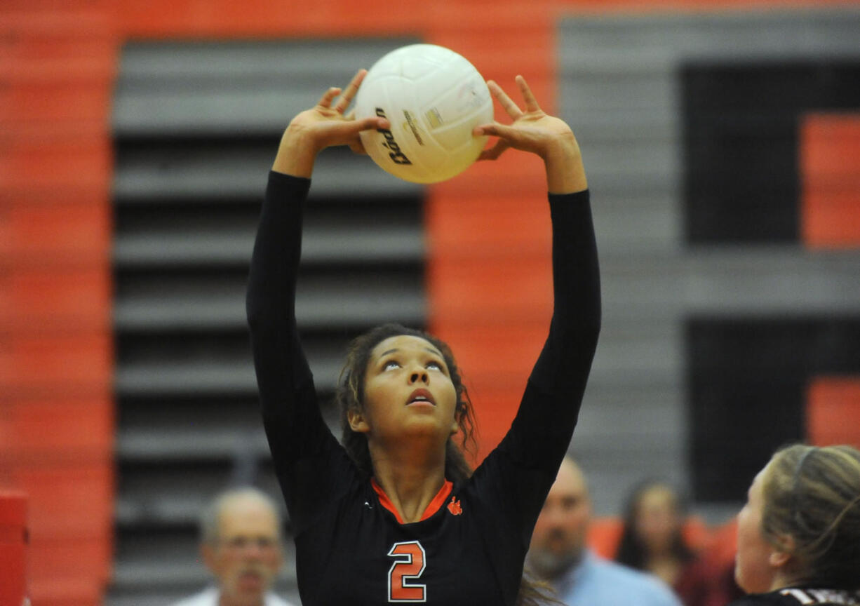 Battle Ground's Ashley Watkins warms up before a volleyball game in Battle Ground Thursday September 10, 2015(Natalie Behring/The Columbian)