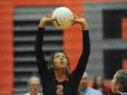 Battle Ground's Ashley Watkins warms up before a volleyball game in Battle Ground Thursday September 10, 2015(Natalie Behring/The Columbian)