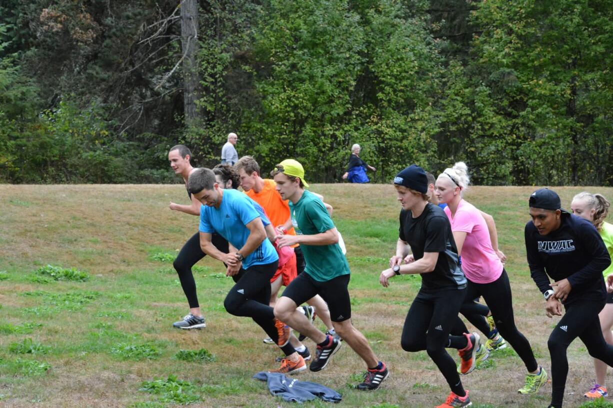 The Clark College cross country program is back at full strength after having just eight runners, including three men, last season. Here, runners from the men's and women's team run at Lewisville Park near Battle Ground.