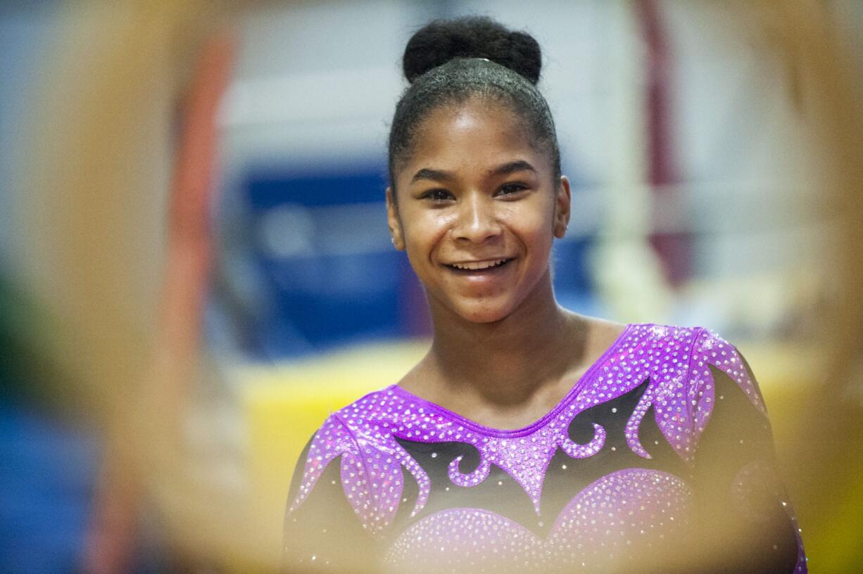 Gymnast Jordan Chiles trains at Naydenov Gymnastics in Vancouver Tuesday August 25, 2015.