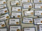 Name tags wait on a table for students who take part in an English conversation circle at Vancouver Community Library.