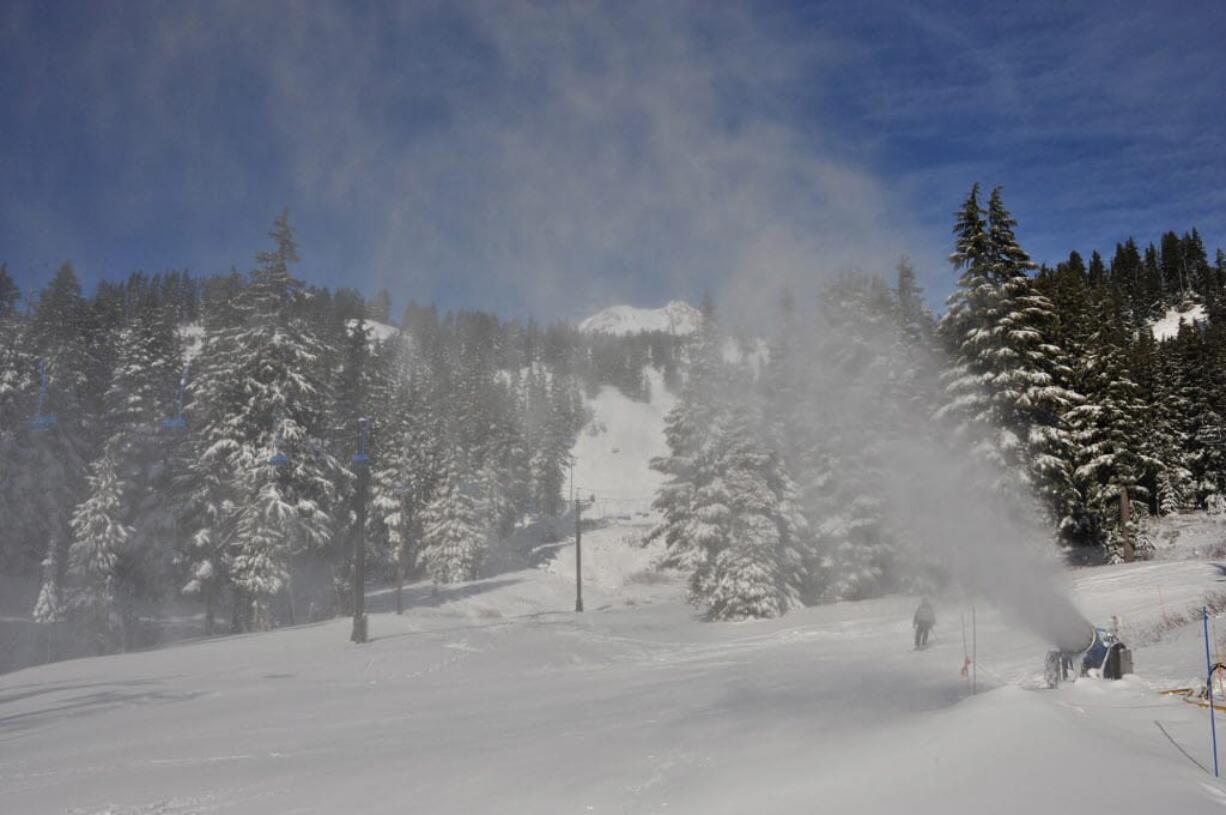 Snowmaking equipment is one of the techniques Mount Hood Meadows in Oregon used to finally open for skiing this week.