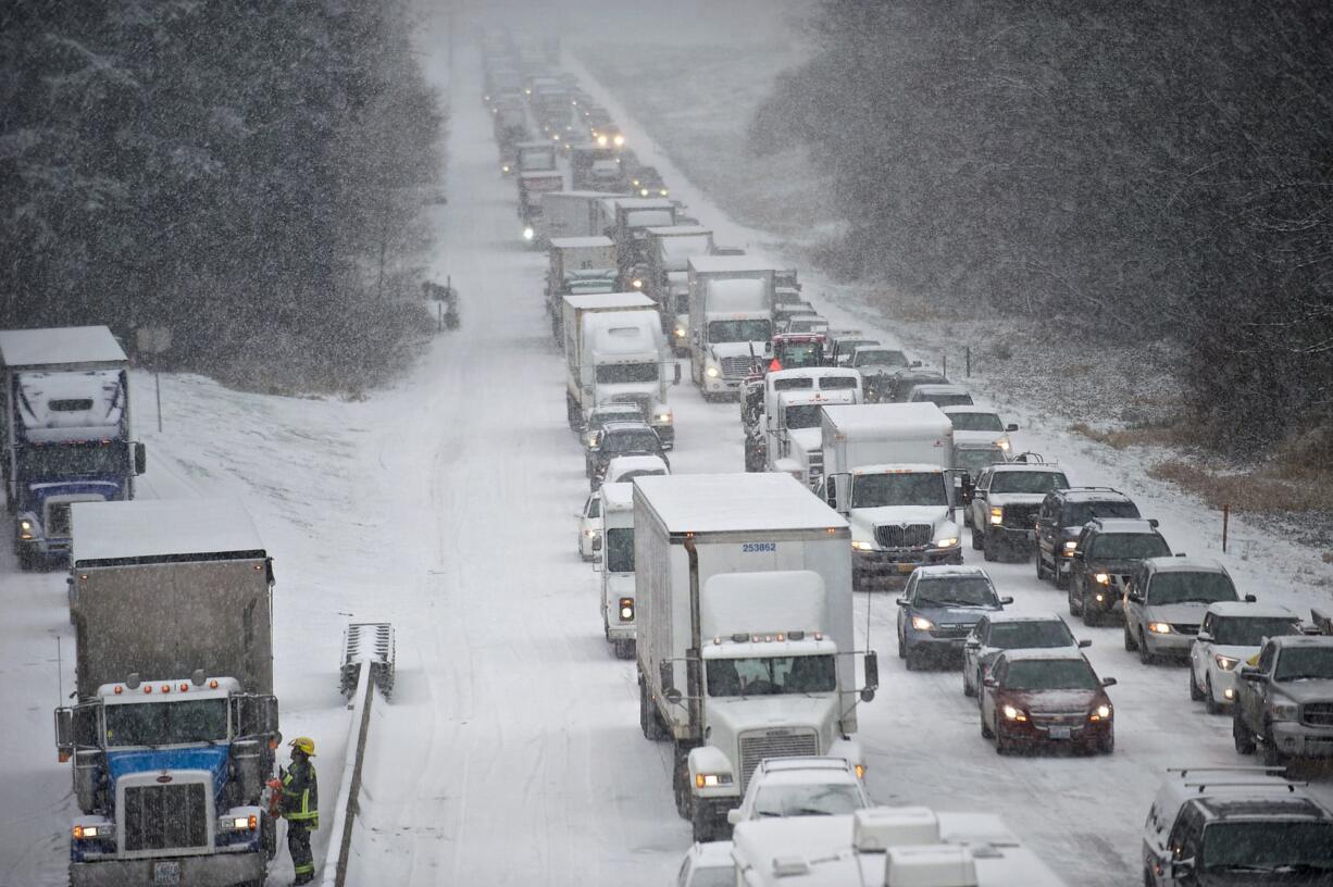 Traffic backs up for several miles on Interstate 5 northbound near Battle Ground after multiple accidents on Feb.