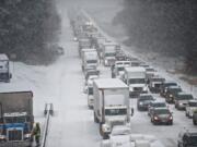 Traffic backs up for several miles on Interstate 5 northbound near Battle Ground after multiple accidents on Feb.