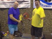 Walt Pisarczyk (left) and Mike Hoxie (right) are among the individuals who enjoy the sport of pickleball, despite their physical ailments. Pisarczyk has drop foot, and Hoxie was born without a lower left arm.