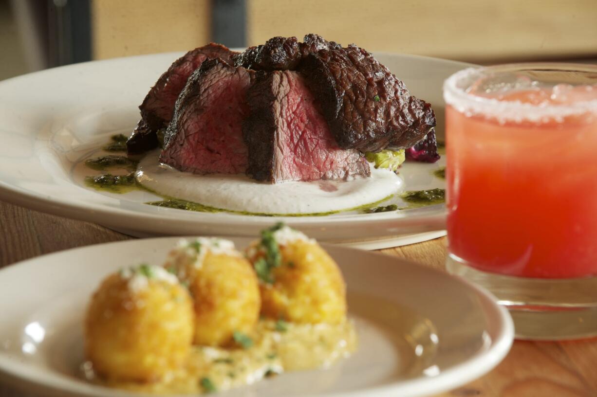 Grilled Hangar steak and polenta croquettes at Three Sixty Kitchen and Bar Feb.