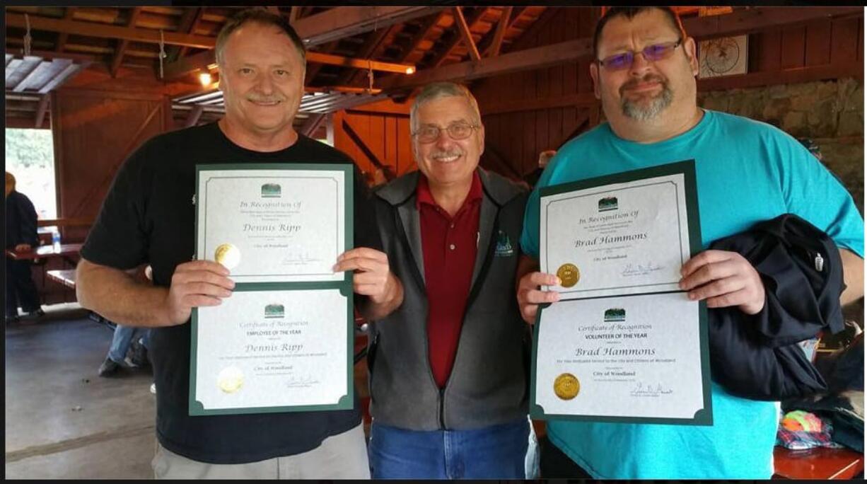 Woodland: Woodland Mayor Grover Laseke, center, with Dennis Ripp, left, who was named 2015 Employee of the Year, and Brad Hammons, right, who was named 2015 Volunteer of the Year.