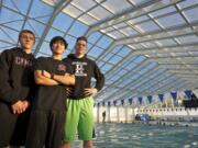 From left, Camas High School swimmers Lucas Ulmer and John Utas, and Hockinson's Dylan Osborne at LaCamas Swim and Sports Club.