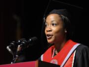 Shavenor Winters, president of Washington State University's Associated students for Vancouver speaks to 2014 graduates during their commencement ceremony in Ridgefield Wa., Saturday May 10, 2014.