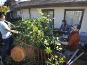 Jesse Lancaster, left, Jennifer Amsler and Andrew Swan remove blackberries Saturday as part of a volunteer effort through Evergreen Habitat for Humanity that focused on low-income homes in the Fruit Valley neighborhood.