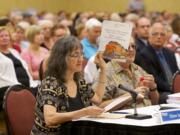 Vancouver resident Cathryn Chudy testifies in front of the Vancouver City Council in 2015 against a proposed oil terminal.