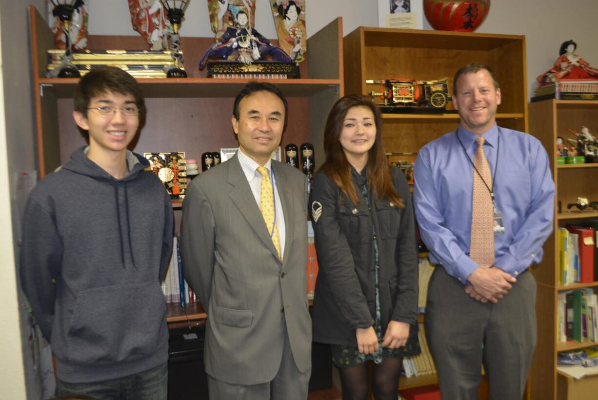 Washougal: Student Mitchell Myers, visiting Japanese Consul General Hiroshi Furusawa, student Tess Russell and Washougal High School Principal Aaron Hansen.