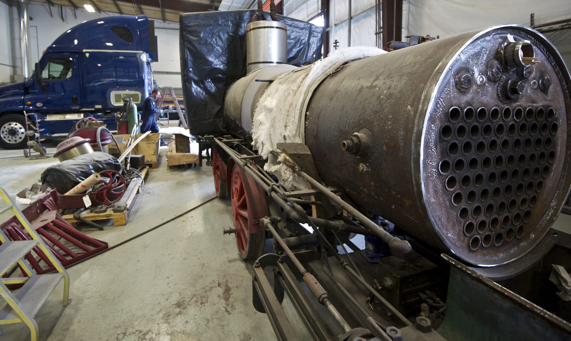 The Oregon Zoo's steam locomotive undergoes renovation at Pacific Power Group in Ridgefield on Aug.