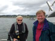 Charles Kellogg, left, fishes for salmon with longtime friend Jeff Sleight on the Columbia River on Aug. 30.