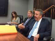 BNSF Railway Executive Chairman Matthew Rose, right, meets Tuesday with The Columbian editorial board.