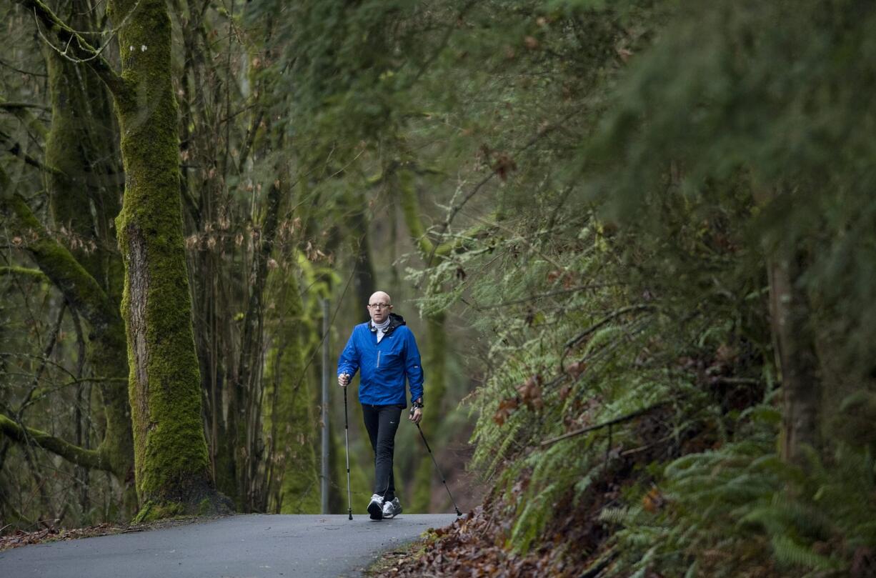 Warren Nelson nordic walks along the Burnt Bridge Creek Trail,in February 2010.