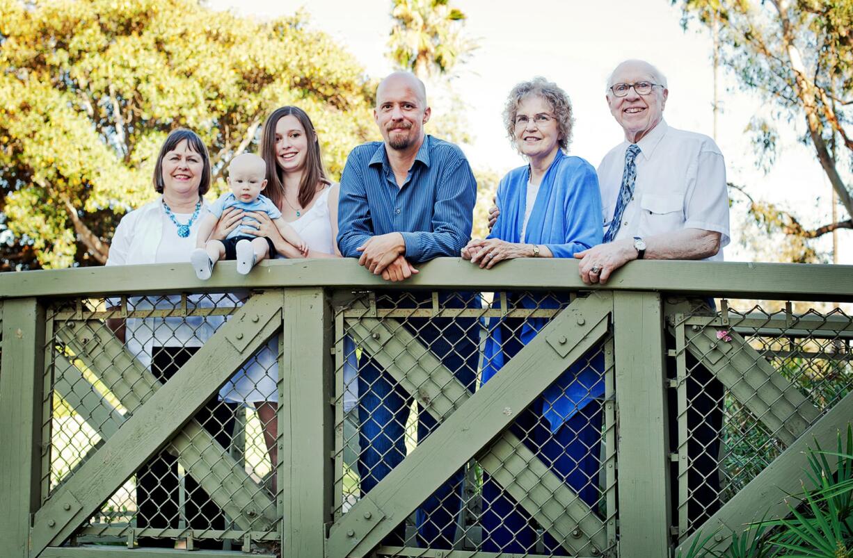 From right, June and Ken Serviss of Vancouver attended a family reunion in California in July. The family gathered for a five-generation photo taken July 10 in Eisenhower Park in Orange, Calif. Shown are June, 86, and Ken, 83, great-great-grandparents to Matthew Cronin, 4 months, held by his mother, Amanda Cronin, 22, of Medford, Ore.