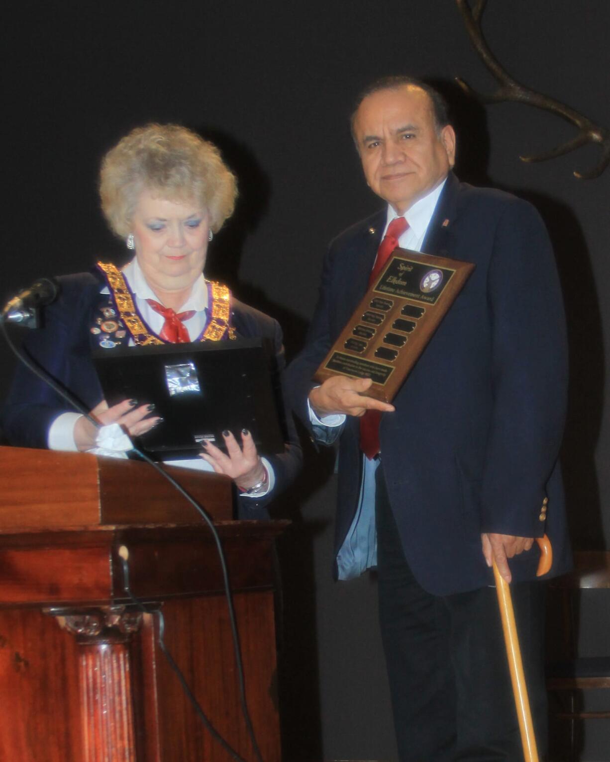 Riveridge: Ray Jara receives a Lifetime Achievement award from Vancouver Elks Exalted Ruler Lorna Smailum for his commitment to the Elks.