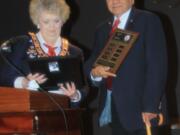 Riveridge: Ray Jara receives a Lifetime Achievement award from Vancouver Elks Exalted Ruler Lorna Smailum for his commitment to the Elks.