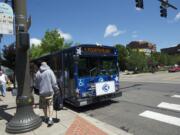 C-Tran's No. 4 bus picks up passengers at Seventh and Washington streets in downtown Vancouver near Turtle Place plaza this week.