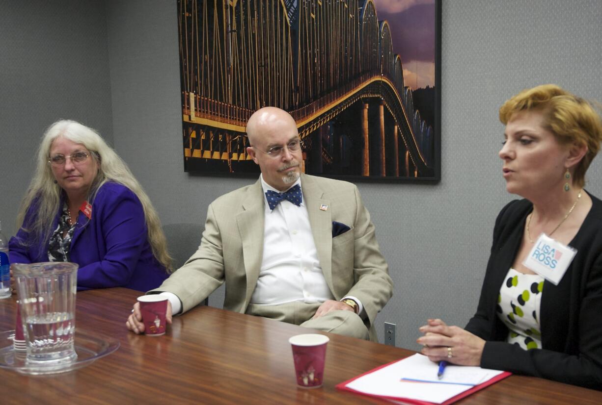 The Columbian editorial board meets with Carolyn Crain, left, Jim Moeller and Lisa Ross, who are vying for a 49th Legislative District seat.