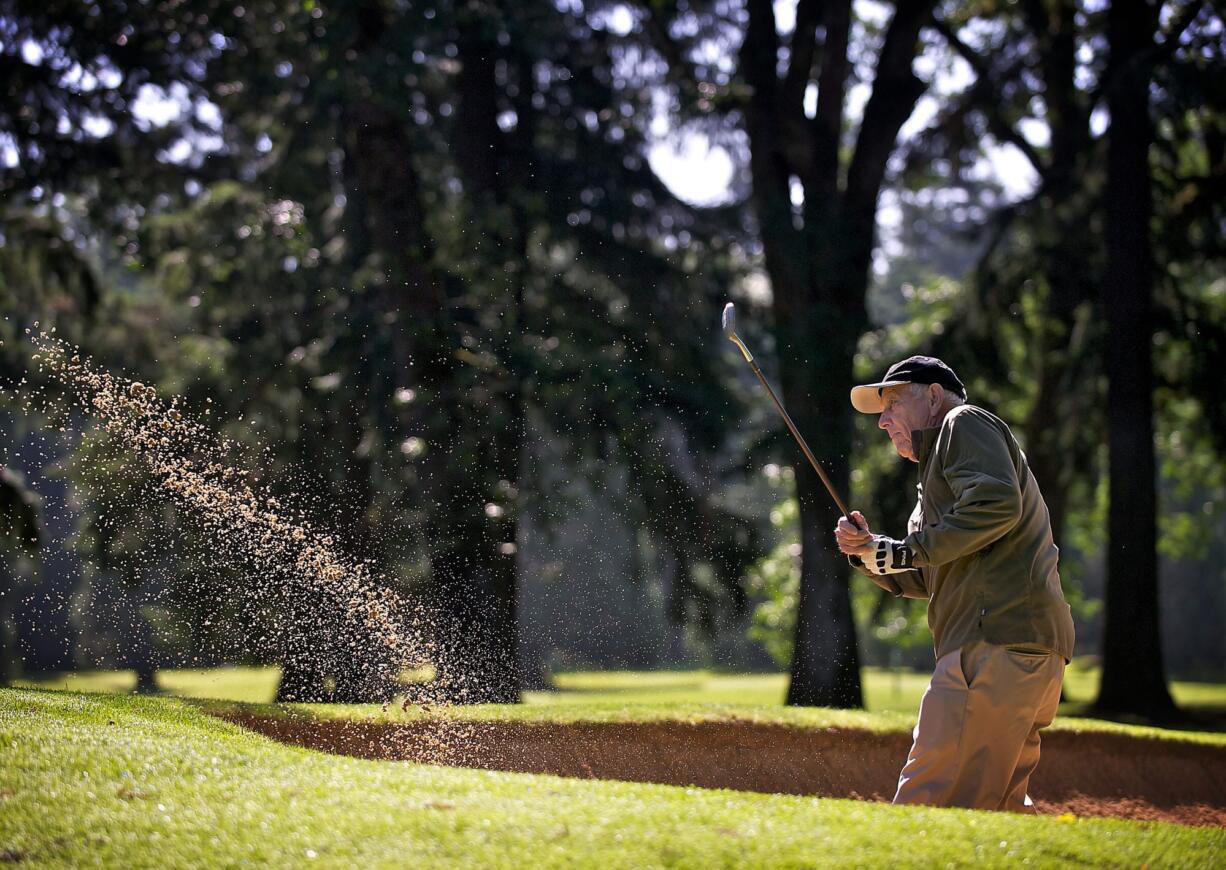 Kent Myers hits out of the sand trap on the 15th hole at Royal Oaks Country Club on Friday June 6, 2014.